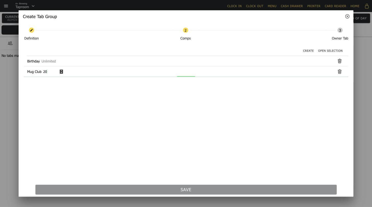 Create Tab Group Comps step showing Birthday set to Unlimited and Mug Club capped at 20 uses