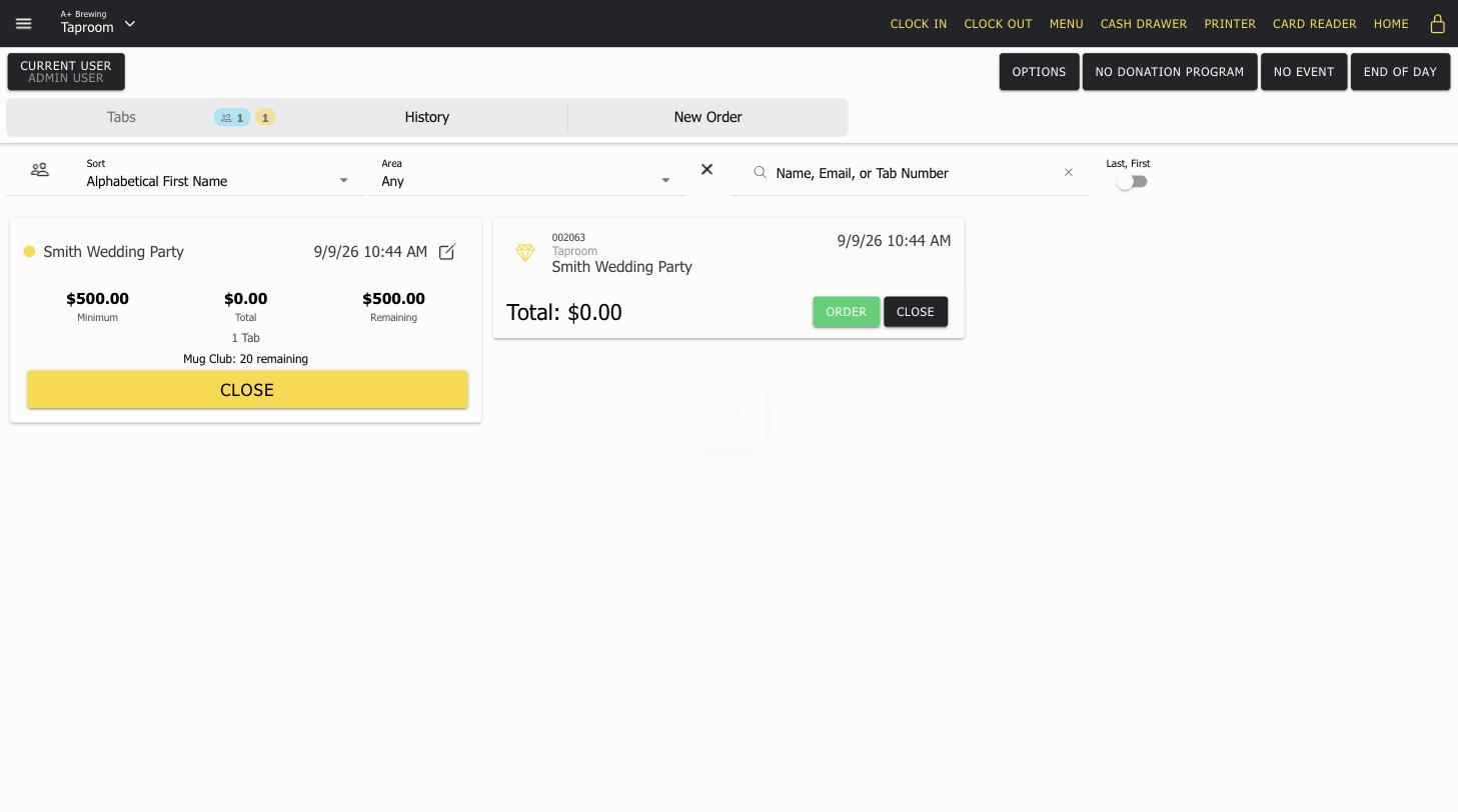 Tabs screen showing a group card with Minimum $500.00, Total $0.00, Remaining $500.00, 1 Tab, and Mug Club: 20 remaining, next to its owner tab card